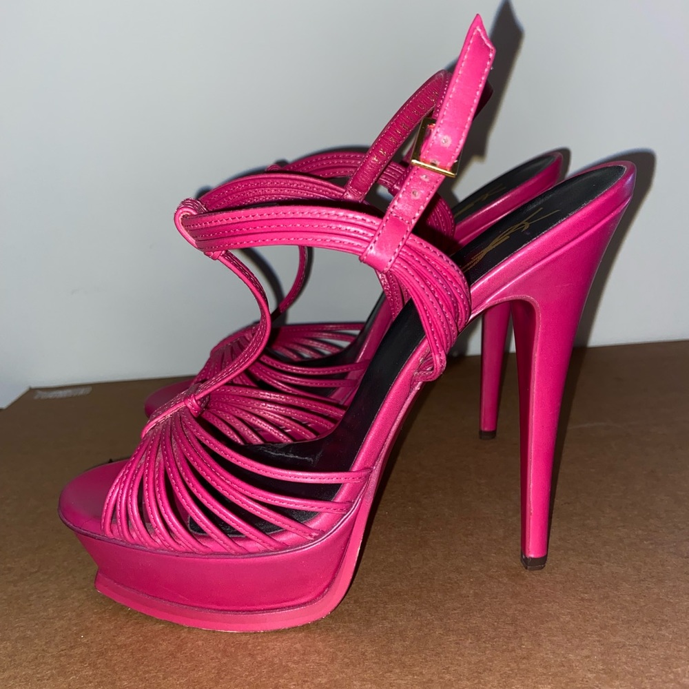 AUTHENTIC YSL Pink Leather Strappy Heeled Sandals, size 9